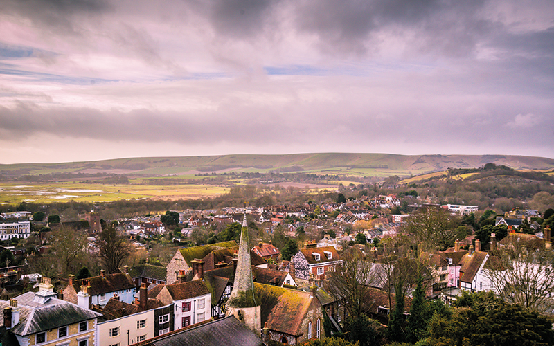 Aerial shot of town buildings