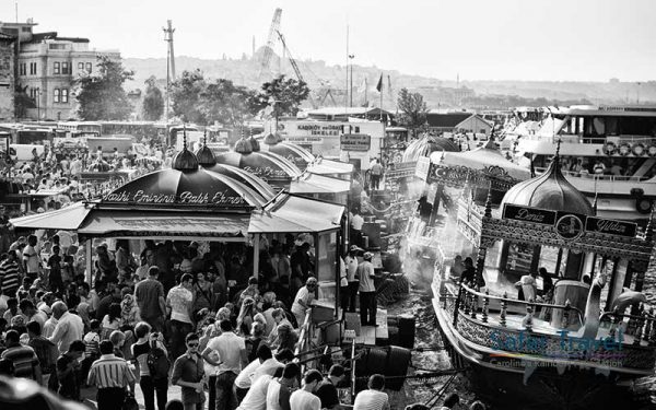 Busy Istanbul scene black and white