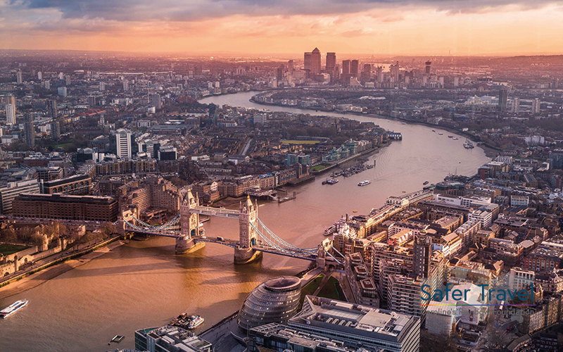 Aerial view over London with Tower Bridge