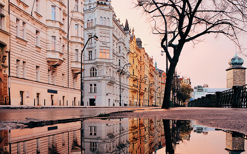Puddle in street in Prague