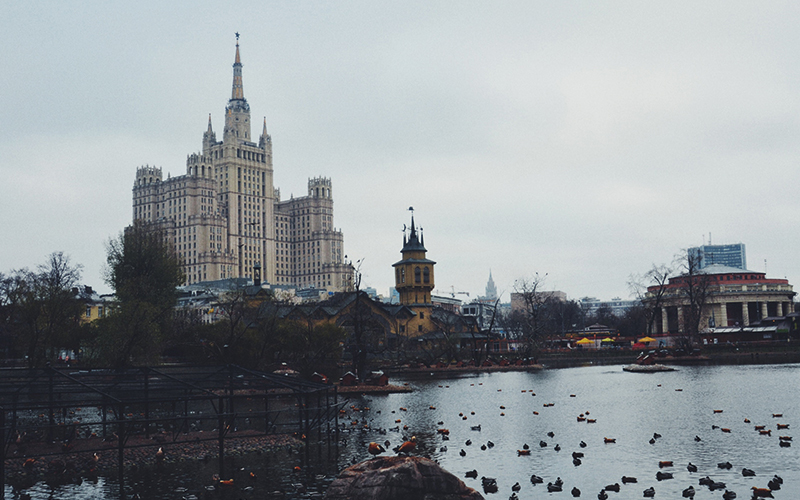 Russia building overlooking lake