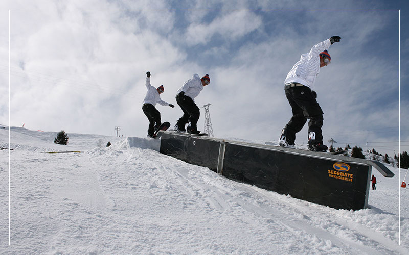 Snowboard rail grind timelapse