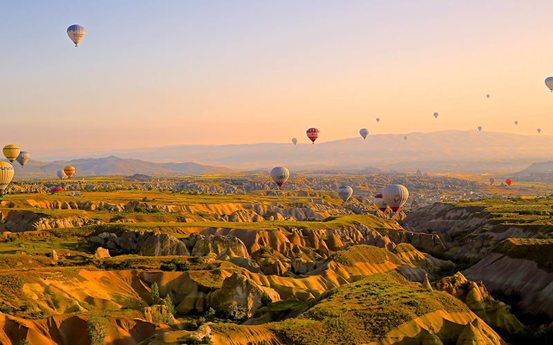 hot air balloons in sunset sky